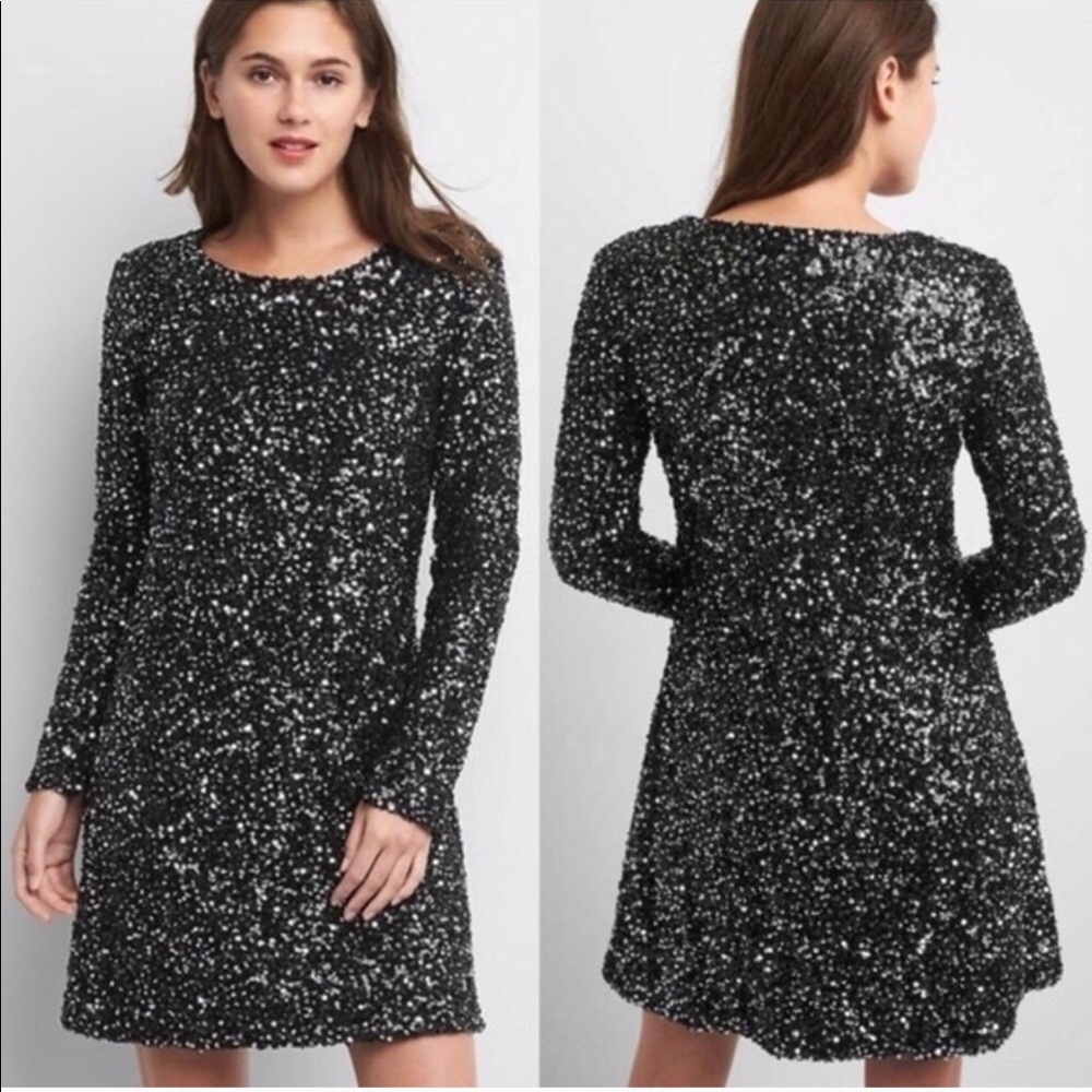 NWT Gap Sequin Swing Dress Long Sleeve Black M
